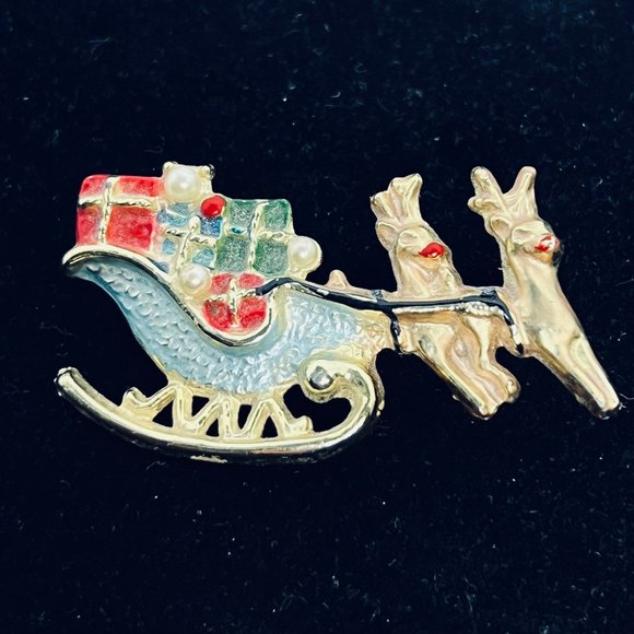 Beatrix Gold Tone, Enamel And Faux Pearl Christmas Sleigh Brooch - Picture 1 of 3